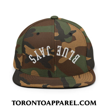 Upside Down Blue Jays Embroidered Flat Brim Bill Snapback Hat - Green Camo - Toronto Apparel