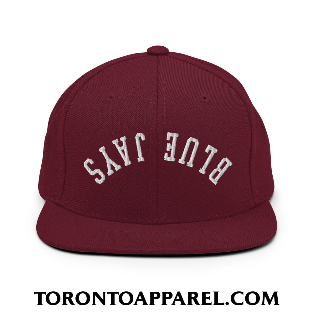 Upside Down Blue Jays Embroidered Flat Brim Bill Snapback Hat - Maroon - Toronto Apparel