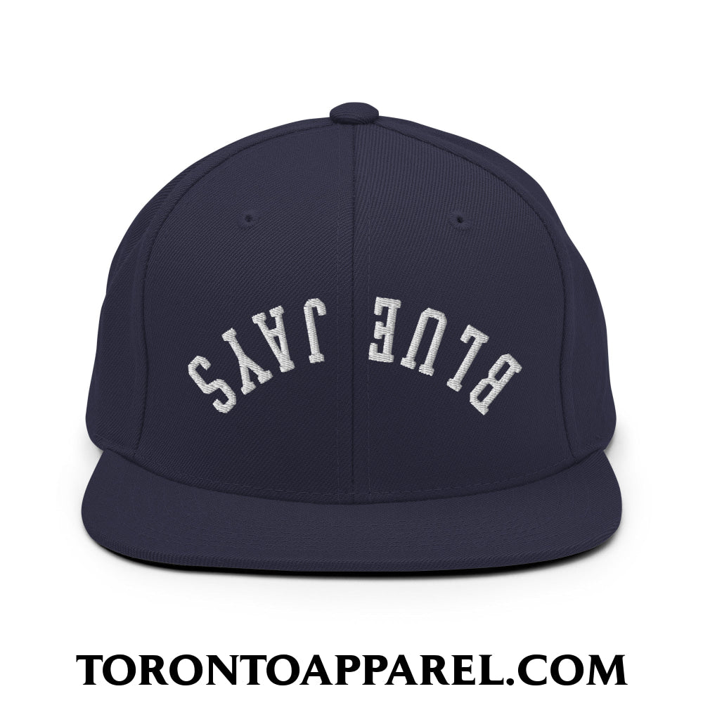 Upside Down Blue Jays Embroidered Flat Brim Bill Snapback Hat - Navy - Toronto Apparel