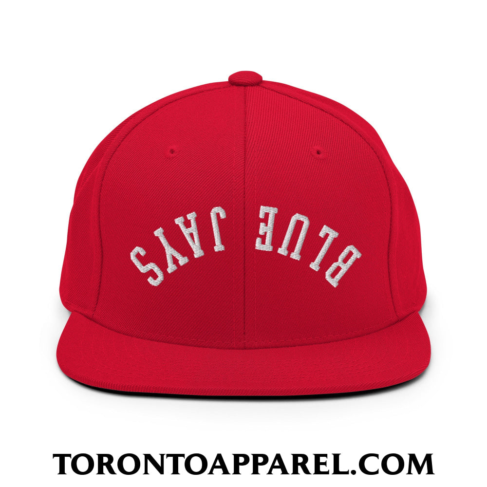 Upside Down Blue Jays Embroidered Flat Brim Bill Snapback Hat - Red - Toronto Apparel