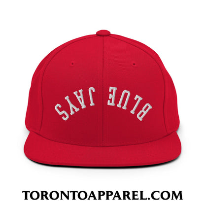 Upside Down Blue Jays Embroidered Flat Brim Bill Snapback Hat - Red - Toronto Apparel