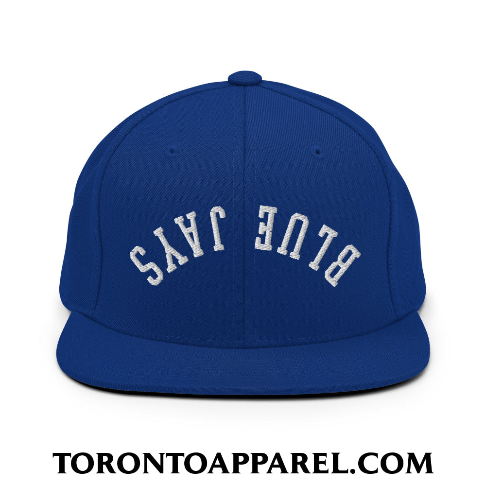 Upside Down Blue Jays Embroidered Flat Brim Bill Snapback Hat - Royal Blue - Toronto Apparel