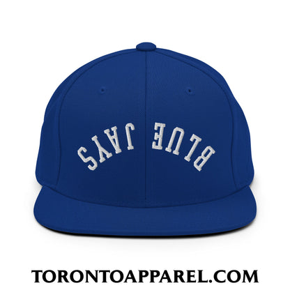 Upside Down Blue Jays Embroidered Flat Brim Bill Snapback Hat - Royal Blue - Toronto Apparel