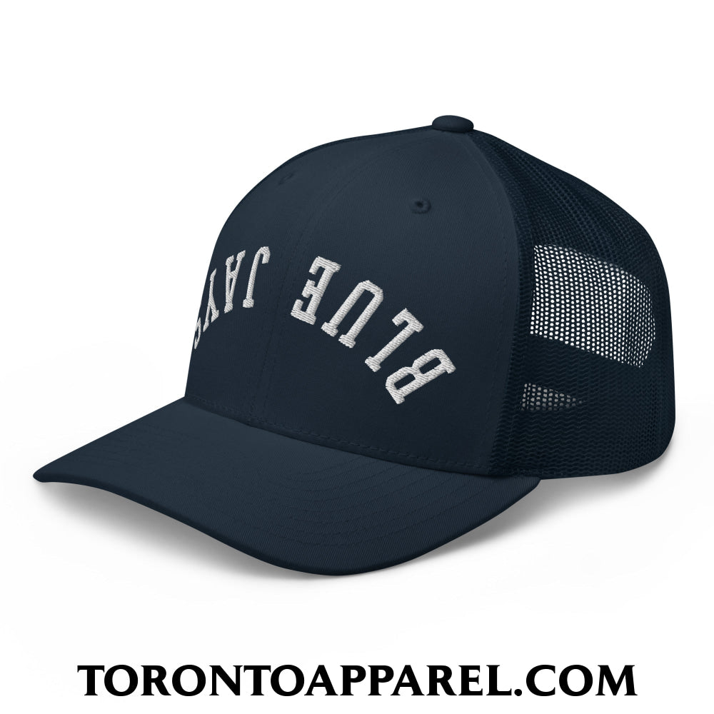 Upside Down Blue Jays Embroidered Mesh Trucker Hat - Toronto Apparel