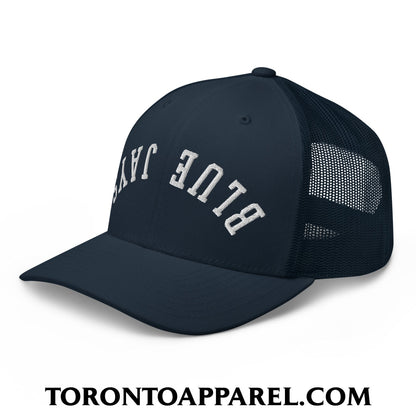 Upside Down Blue Jays Embroidered Mesh Trucker Hat - Toronto Apparel