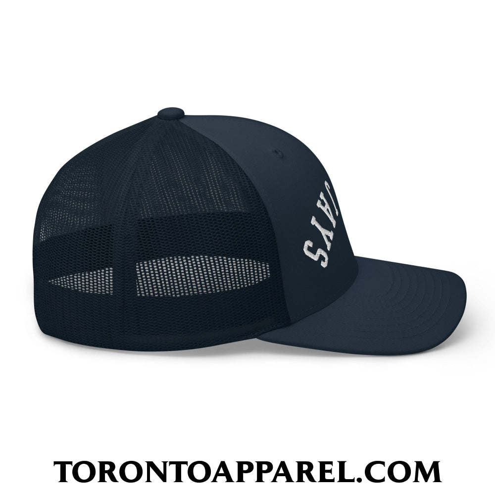 Upside Down Blue Jays Embroidered Mesh Trucker Hat - Toronto Apparel