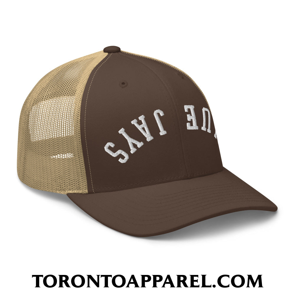 Upside Down Blue Jays Embroidered Mesh Trucker Hat - Toronto Apparel