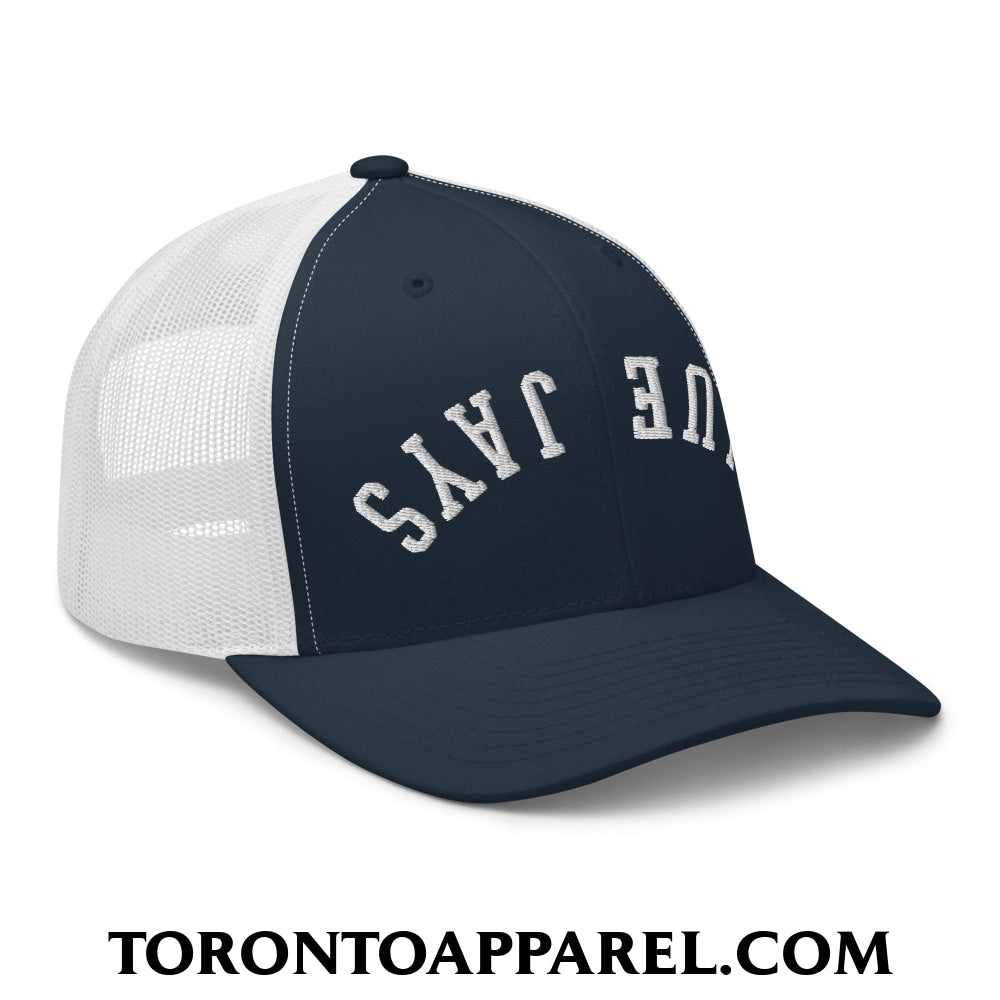 Upside Down Blue Jays Embroidered Mesh Trucker Hat - Toronto Apparel