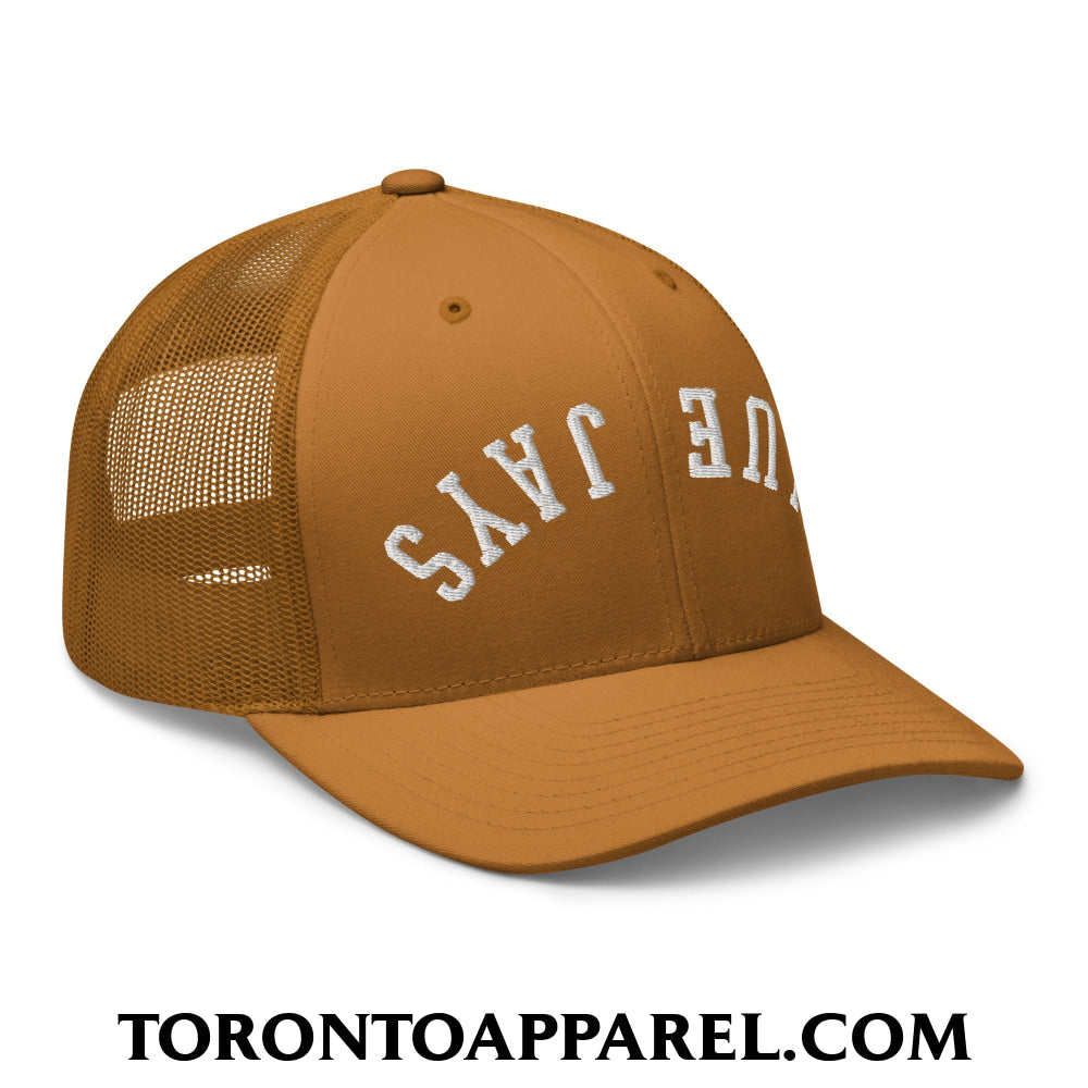 Upside Down Blue Jays Embroidered Mesh Trucker Hat - Toronto Apparel