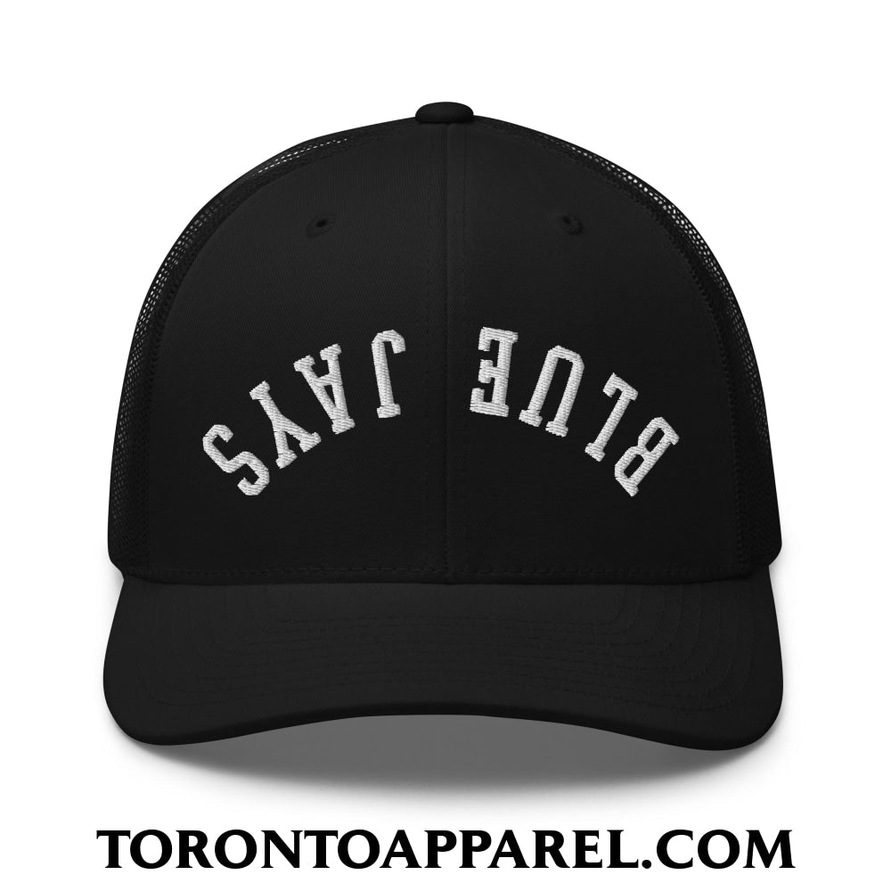 Upside Down Blue Jays Embroidered Mesh Trucker Hat - Black - Toronto Apparel