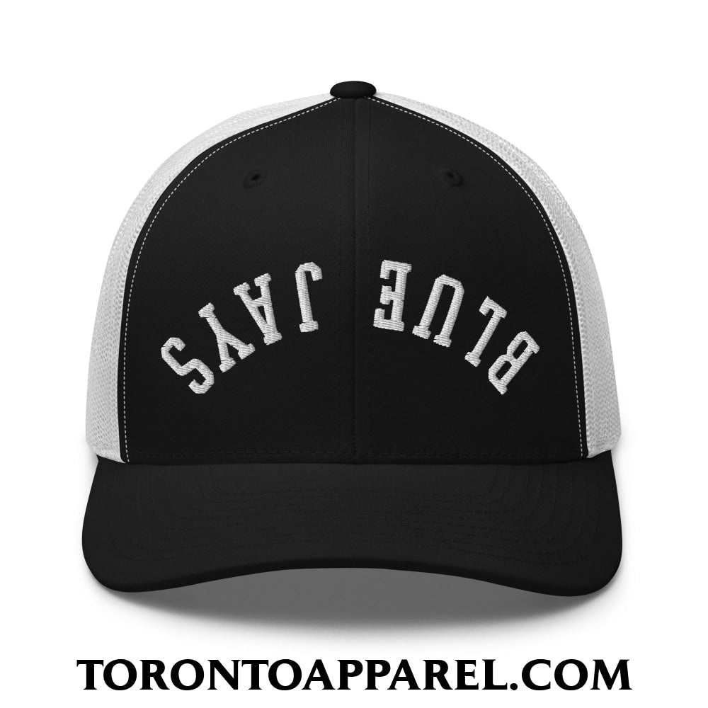 Upside Down Blue Jays Embroidered Mesh Trucker Hat - Black/ White - Toronto Apparel