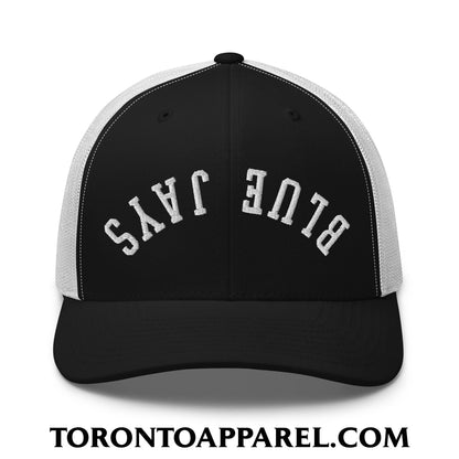 Upside Down Blue Jays Embroidered Mesh Trucker Hat - Black/ White - Toronto Apparel
