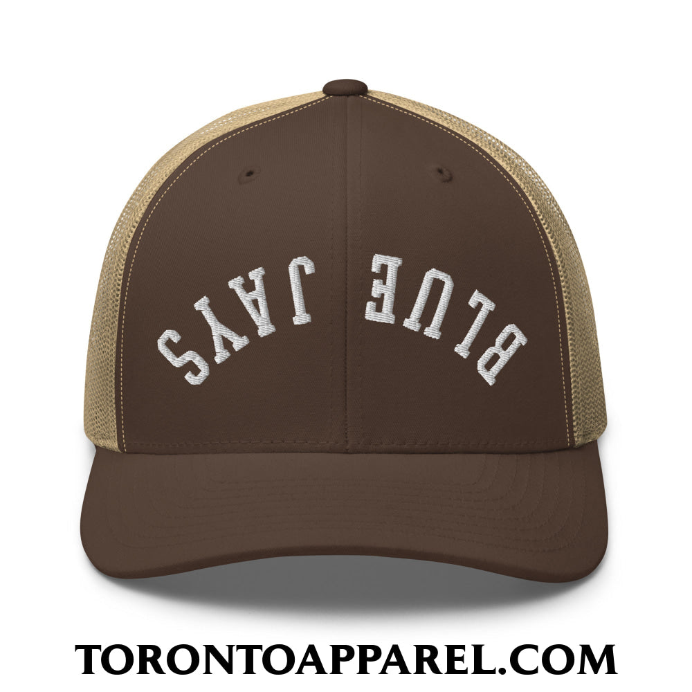 Upside Down Blue Jays Embroidered Mesh Trucker Hat - Brown/ Khaki - Toronto Apparel