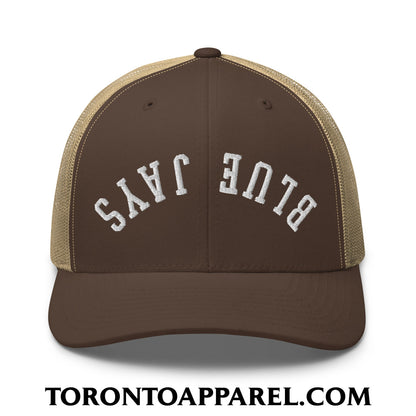 Upside Down Blue Jays Embroidered Mesh Trucker Hat - Brown/ Khaki - Toronto Apparel