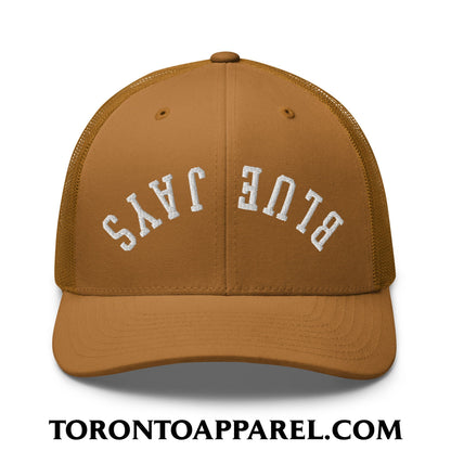 Upside Down Blue Jays Embroidered Mesh Trucker Hat - Caramel - Toronto Apparel
