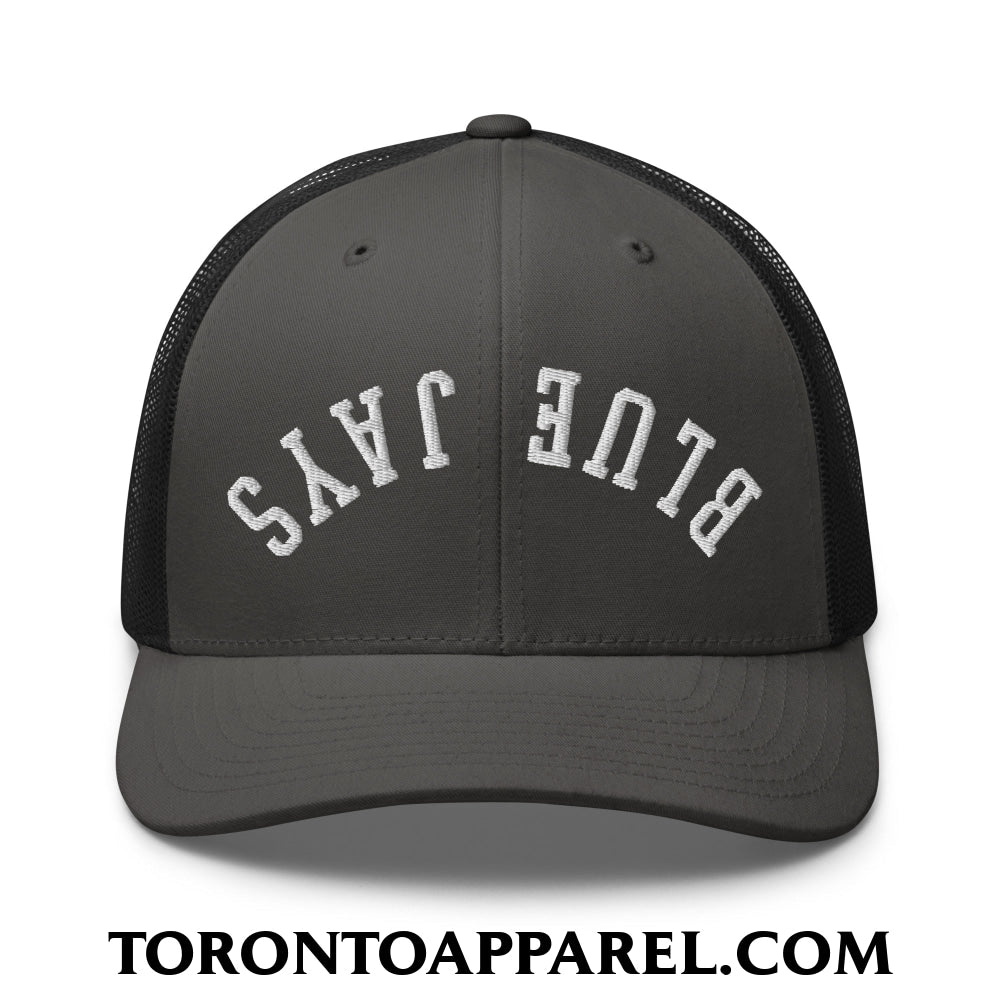Upside Down Blue Jays Embroidered Mesh Trucker Hat - Charcoal/ Black - Toronto Apparel