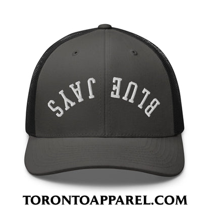 Upside Down Blue Jays Embroidered Mesh Trucker Hat - Charcoal/ Black - Toronto Apparel