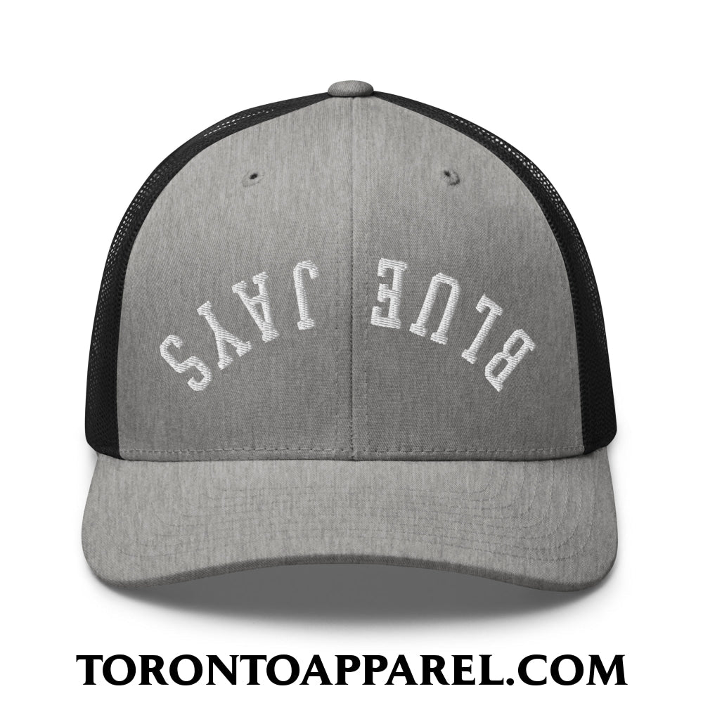 Upside Down Blue Jays Embroidered Mesh Trucker Hat - Heather/ Black - Toronto Apparel
