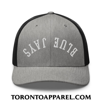 Upside Down Blue Jays Embroidered Mesh Trucker Hat - Heather/ Black - Toronto Apparel