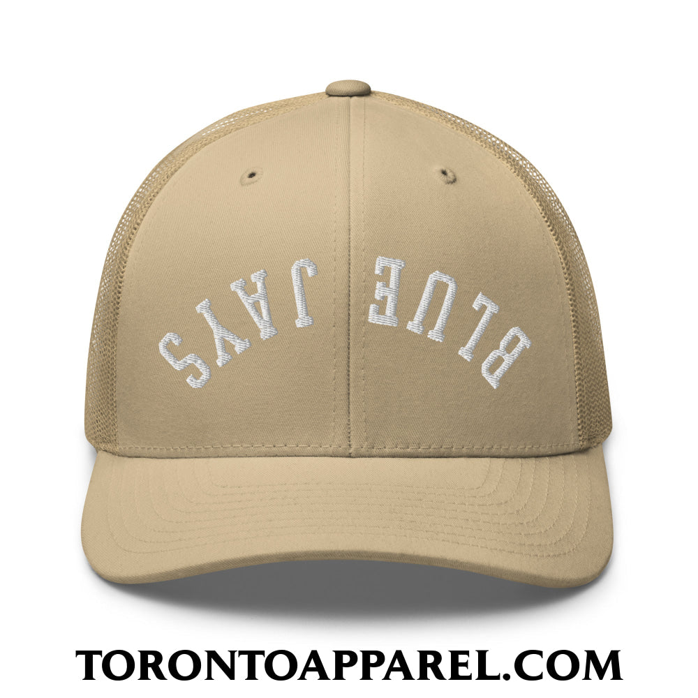 Upside Down Blue Jays Embroidered Mesh Trucker Hat - Khaki - Toronto Apparel