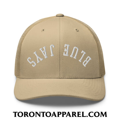 Upside Down Blue Jays Embroidered Mesh Trucker Hat - Khaki - Toronto Apparel