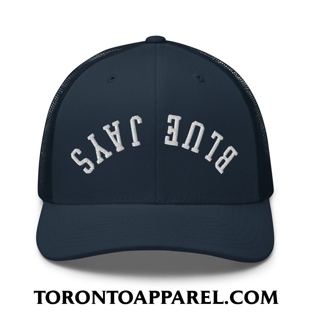 Upside Down Blue Jays Embroidered Mesh Trucker Hat - Navy - Toronto Apparel