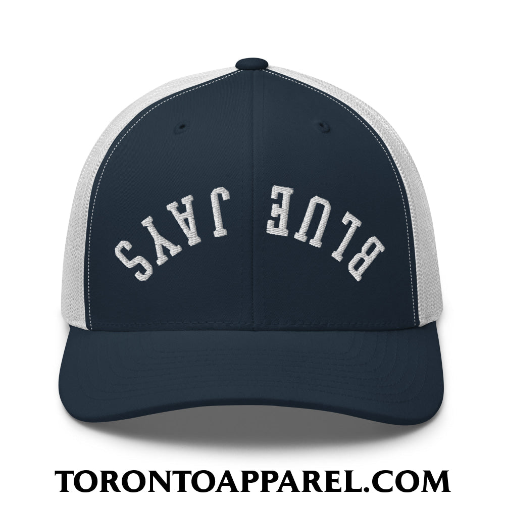 Upside Down Blue Jays Embroidered Mesh Trucker Hat - Navy/ White - Toronto Apparel