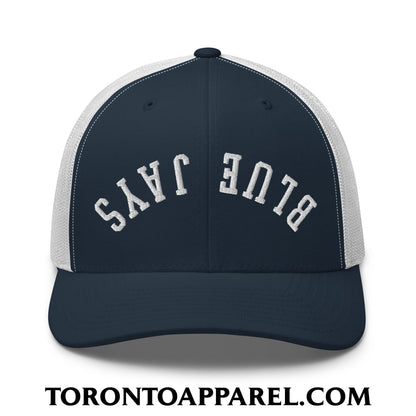 Upside Down Blue Jays Embroidered Mesh Trucker Hat - Navy/ White - Toronto Apparel