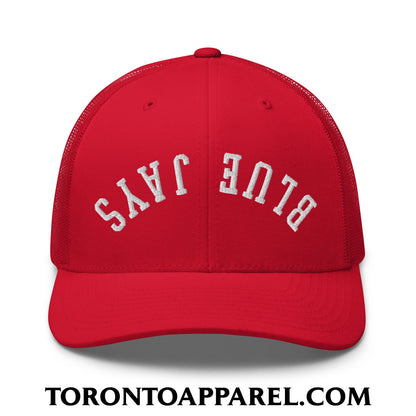 Upside Down Blue Jays Embroidered Mesh Trucker Hat - Red - Toronto Apparel
