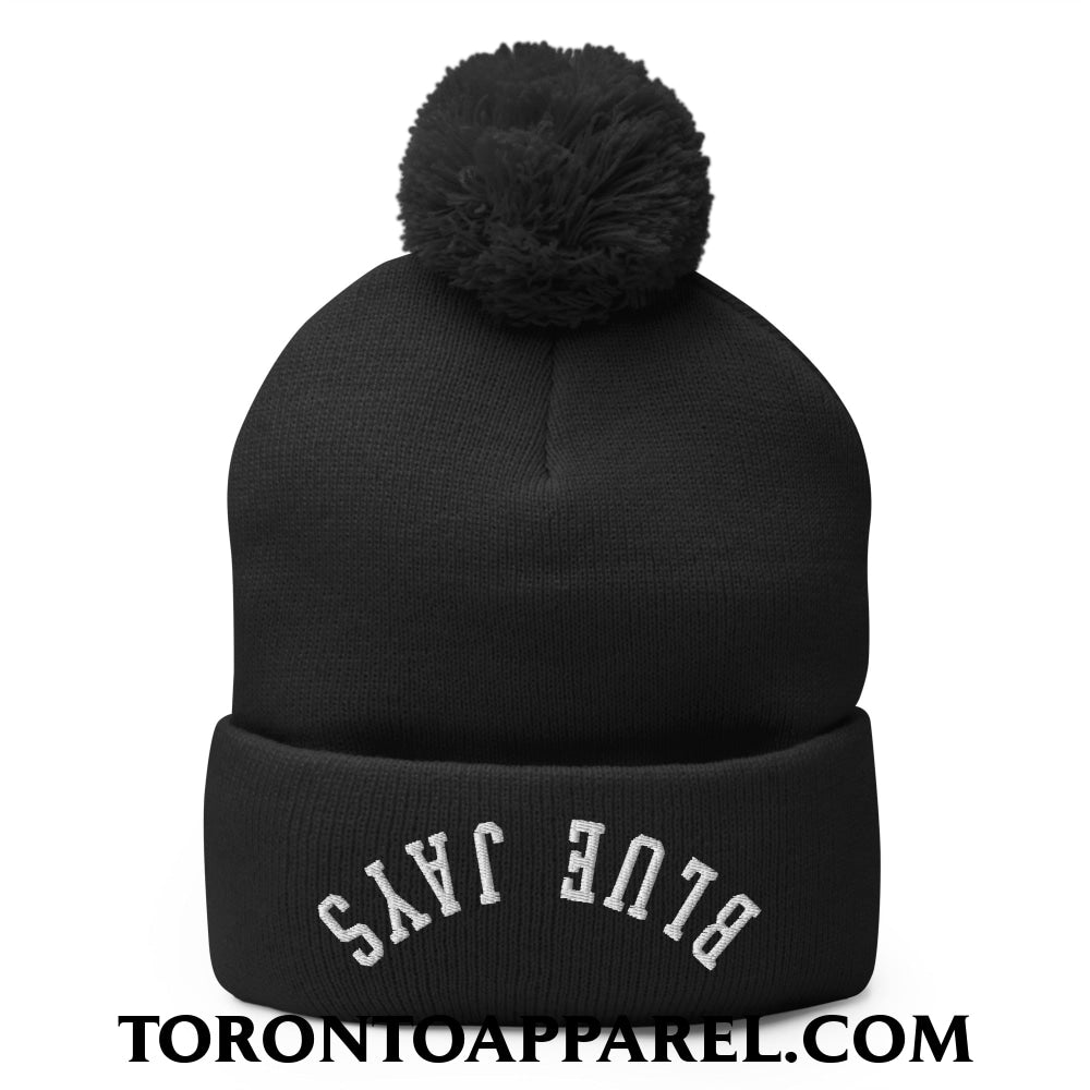 Upside Down Blue Jays Embroidered Pom Pom Knit Beanie - Black - Toronto Apparel