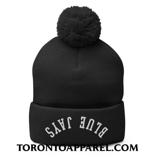 Upside Down Blue Jays Embroidered Pom Pom Knit Beanie - Black - Toronto Apparel