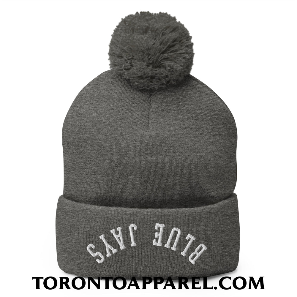 Upside Down Blue Jays Embroidered Pom Pom Knit Beanie - Dark Heather Grey - Toronto Apparel