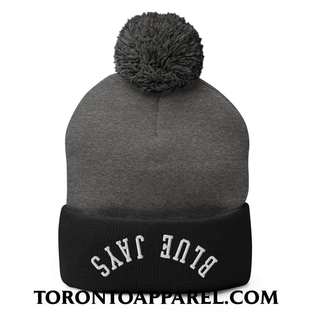 Upside Down Blue Jays Embroidered Pom Pom Knit Beanie - Dark Heather Grey/ Black - Toronto Apparel