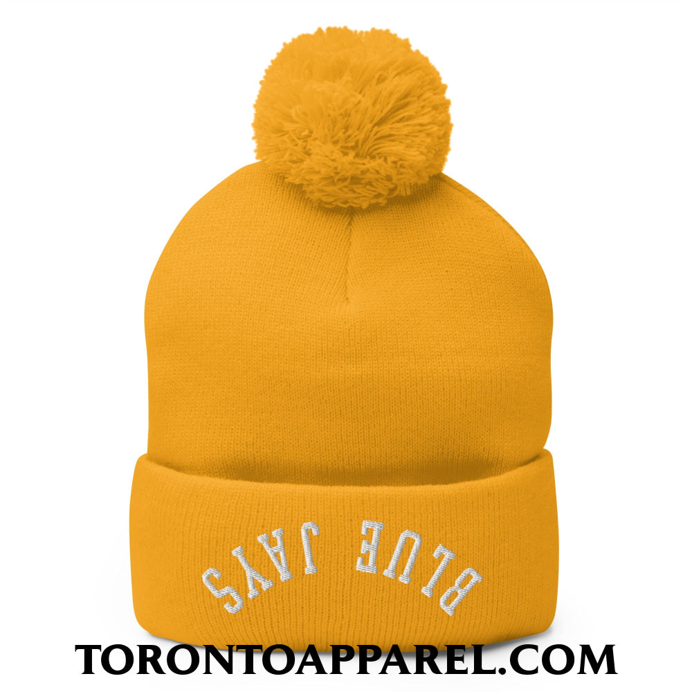 Upside Down Blue Jays Embroidered Pom Pom Knit Beanie - Gold - Toronto Apparel
