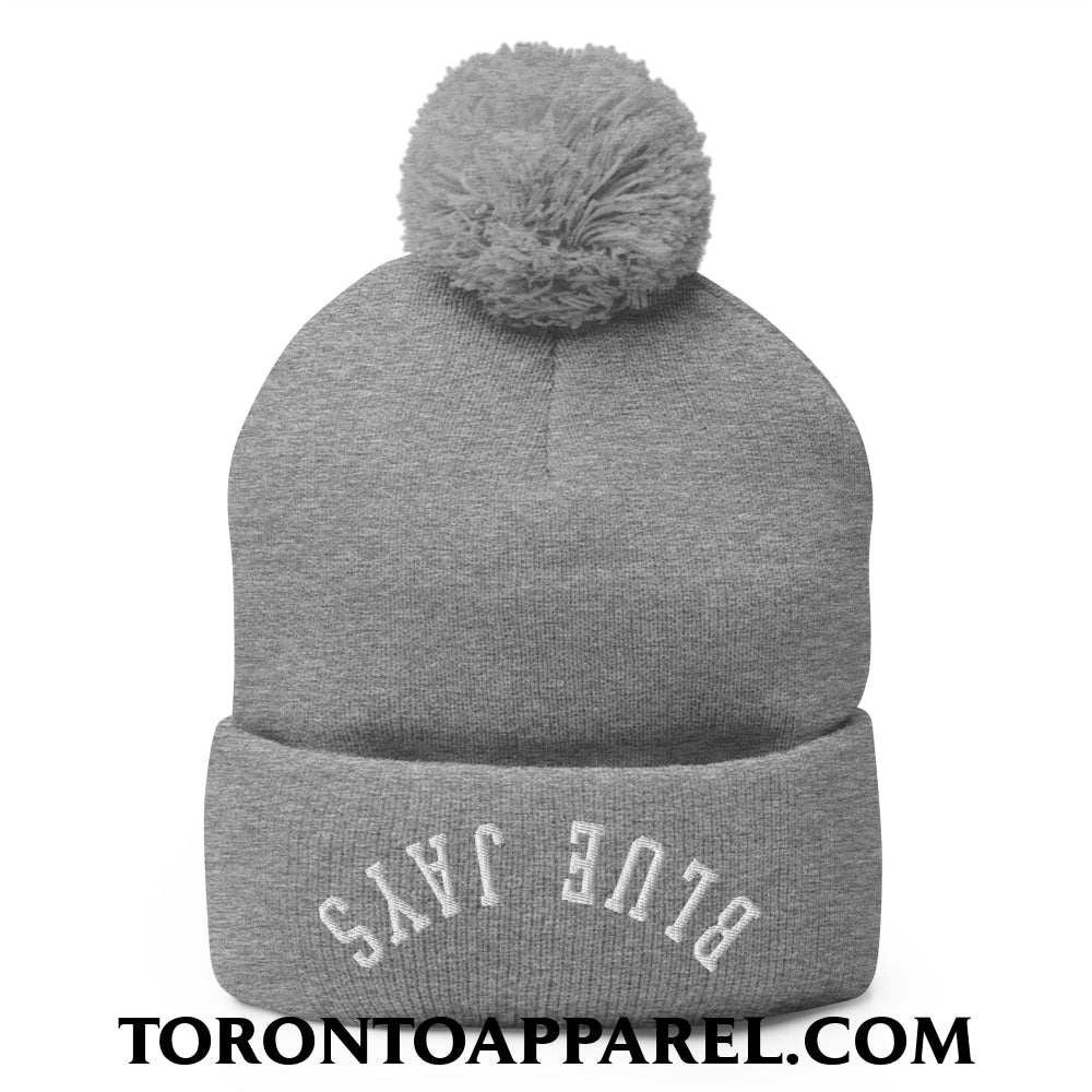 Upside Down Blue Jays Embroidered Pom Pom Knit Beanie - Heather Grey - Toronto Apparel