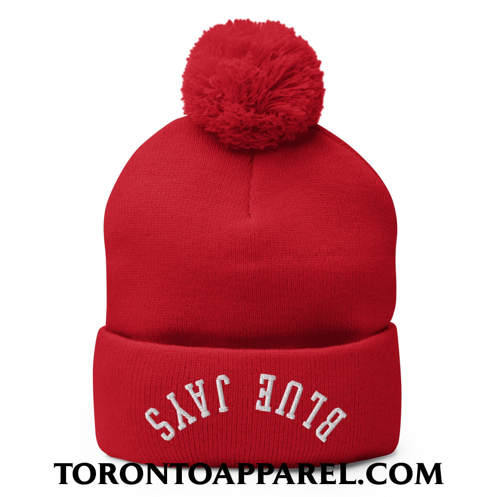 Upside Down Blue Jays Embroidered Pom Pom Knit Beanie - Red - Toronto Apparel