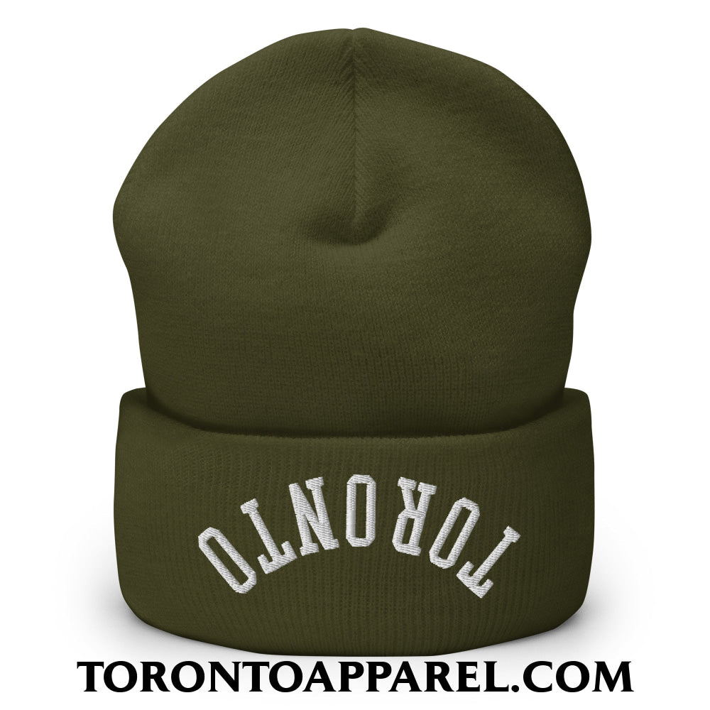 Upside Down Toronto Embroidered Cuffed Knit Beanie - Olive - Toronto Apparel