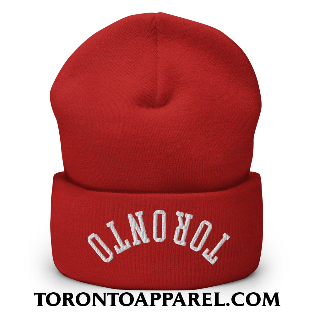 Upside Down Toronto Embroidered Cuffed Knit Beanie - Red - Toronto Apparel