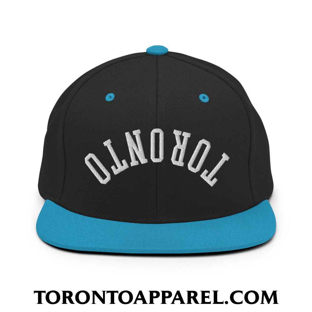 Upside Down Toronto Embroidered Flat Brim Bill Snapback Hat - Black/ Teal - Toronto Apparel