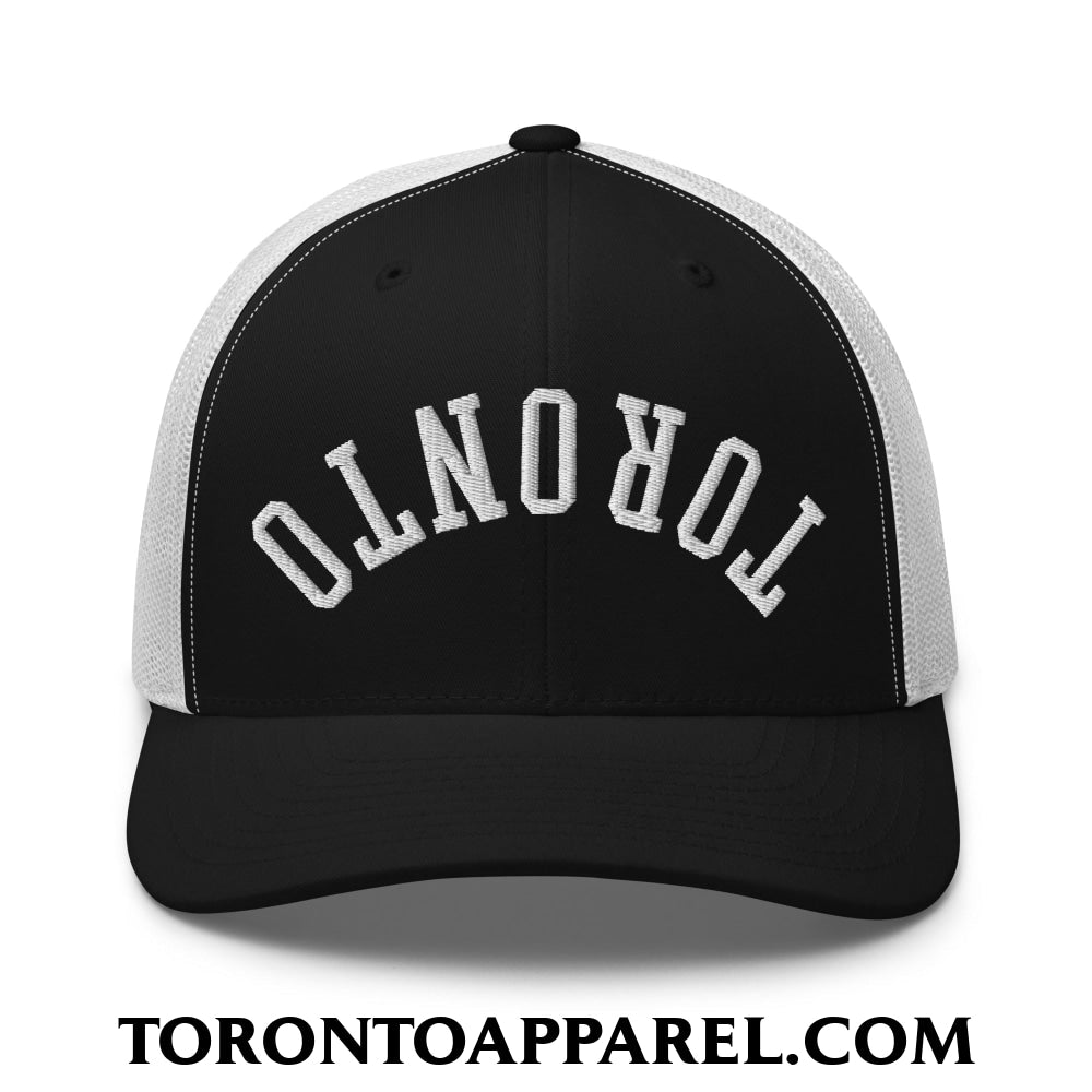 Upside Down Toronto Embroidered Mesh Trucker Hat - Black/ White - Toronto Apparel