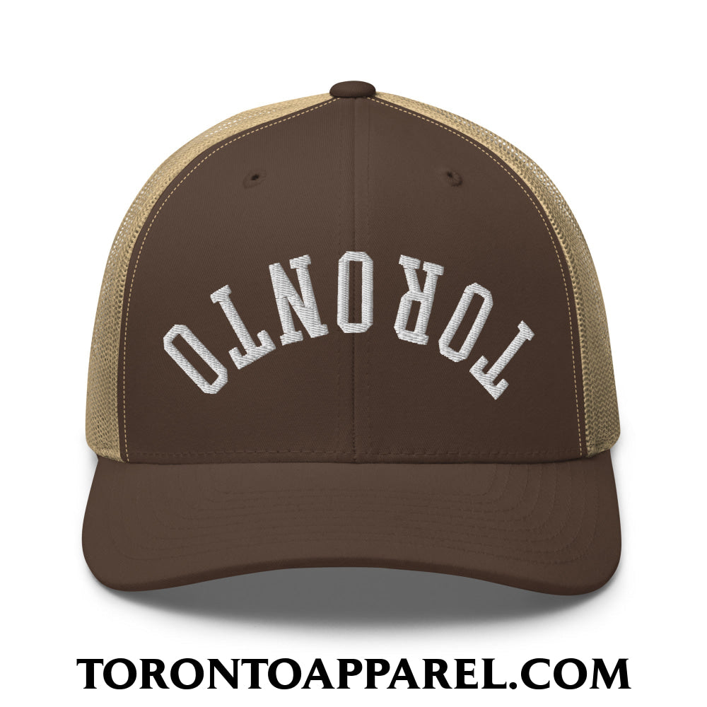 Upside Down Toronto Embroidered Mesh Trucker Hat - Brown/ Khaki - Toronto Apparel