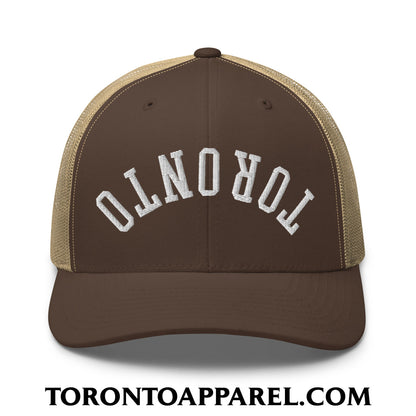 Upside Down Toronto Embroidered Mesh Trucker Hat - Brown/ Khaki - Toronto Apparel