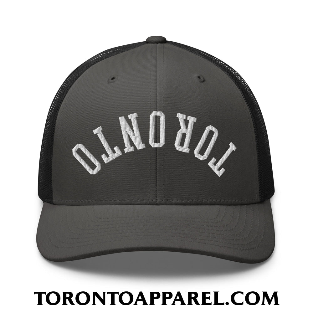 Upside Down Toronto Embroidered Mesh Trucker Hat - Charcoal/ Black - Toronto Apparel