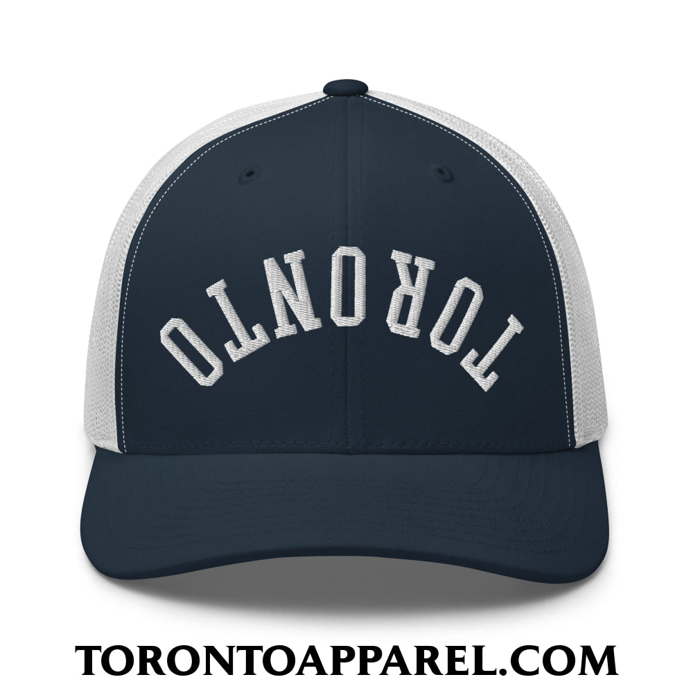 Upside Down Toronto Embroidered Mesh Trucker Hat - Navy/ White - Toronto Apparel