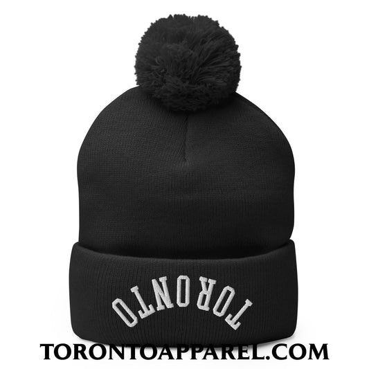 Upside Down Toronto Embroidered Pom Pom Knit Beanie - Black - Toronto Apparel