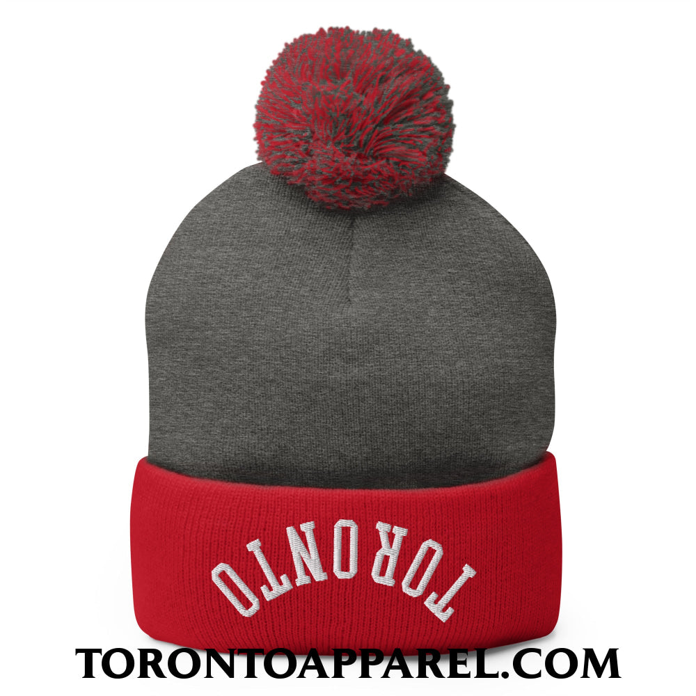 Upside Down Toronto Embroidered Pom Pom Knit Beanie - Dark Heather Grey/ Red - Toronto Apparel