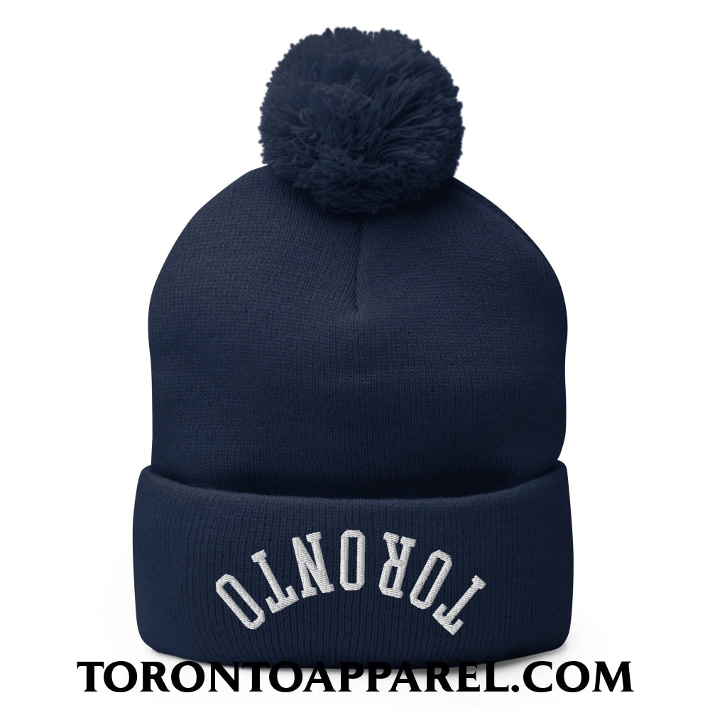Upside Down Toronto Embroidered Pom Pom Knit Beanie - Navy - Toronto Apparel