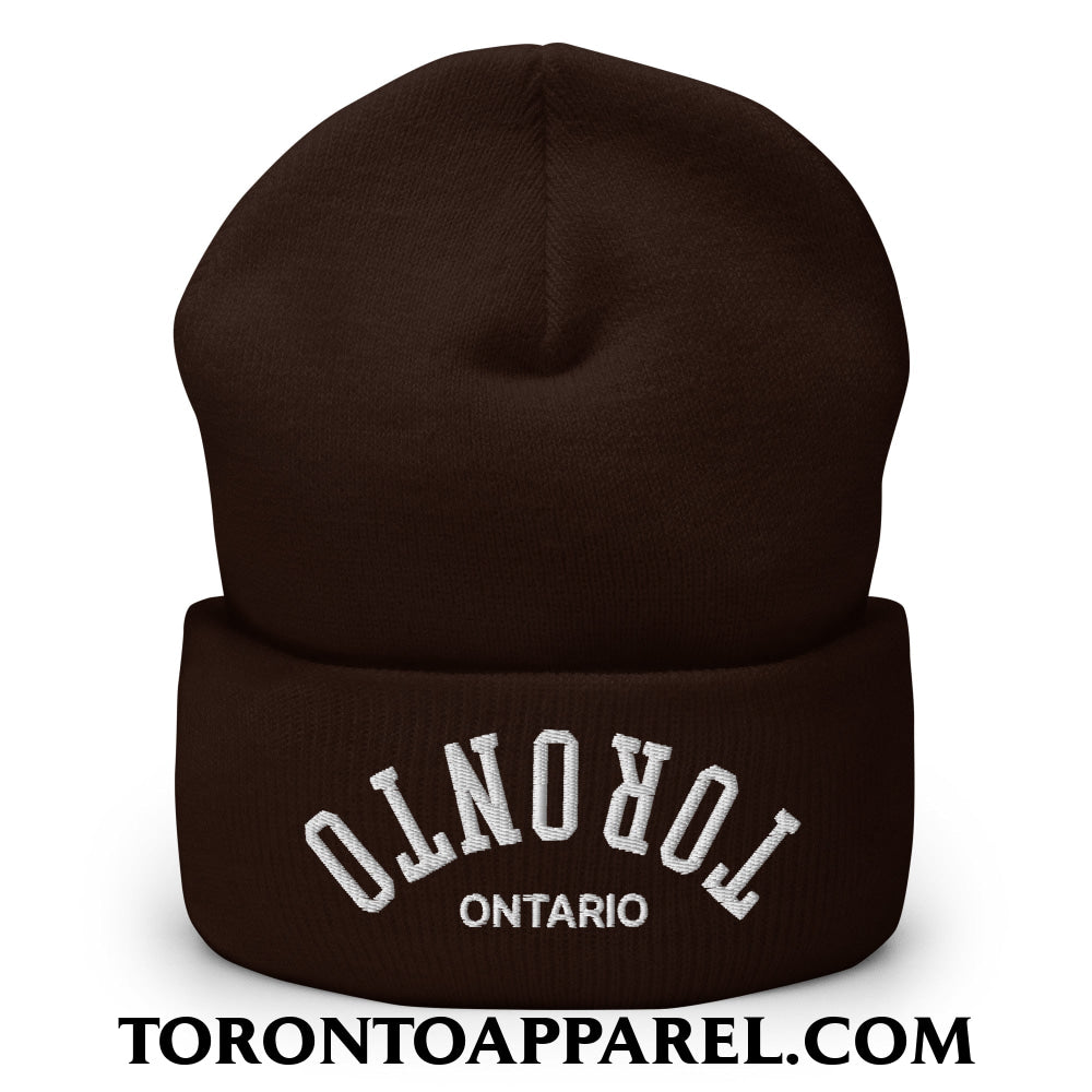 Upside Down Toronto Ontario Embroidered Cuffed Knit Beanie - Brown - Toronto Apparel