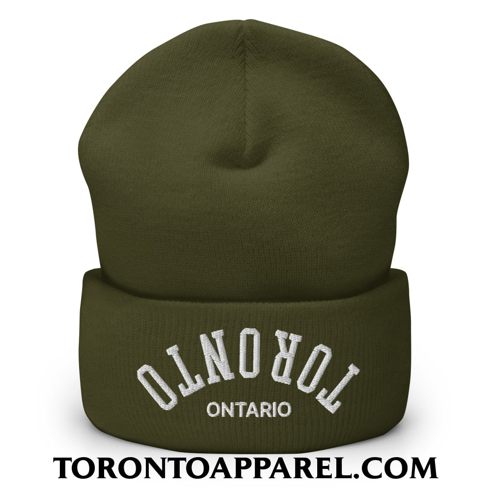 Upside Down Toronto Ontario Embroidered Cuffed Knit Beanie - Olive - Toronto Apparel
