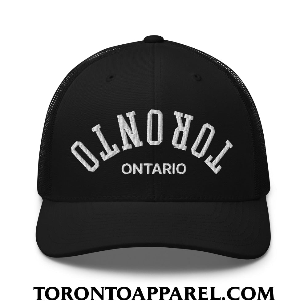 Upside Down Toronto Ontario Embroidered Mesh Trucker Hat - Black - Toronto Apparel